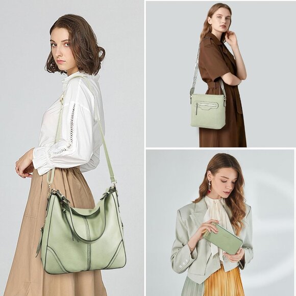 Women’s Light Green 3PCS PU Leather Purses Set  Crossbody Wallet & Hobo Tote Bag - Picture 2 of 8